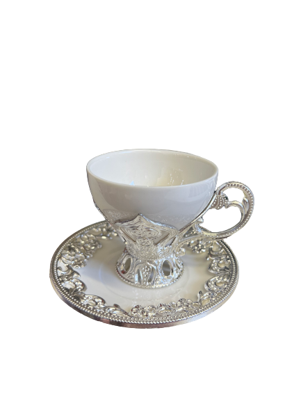 12 PC White & Silver Fancy Coffee Cup Set