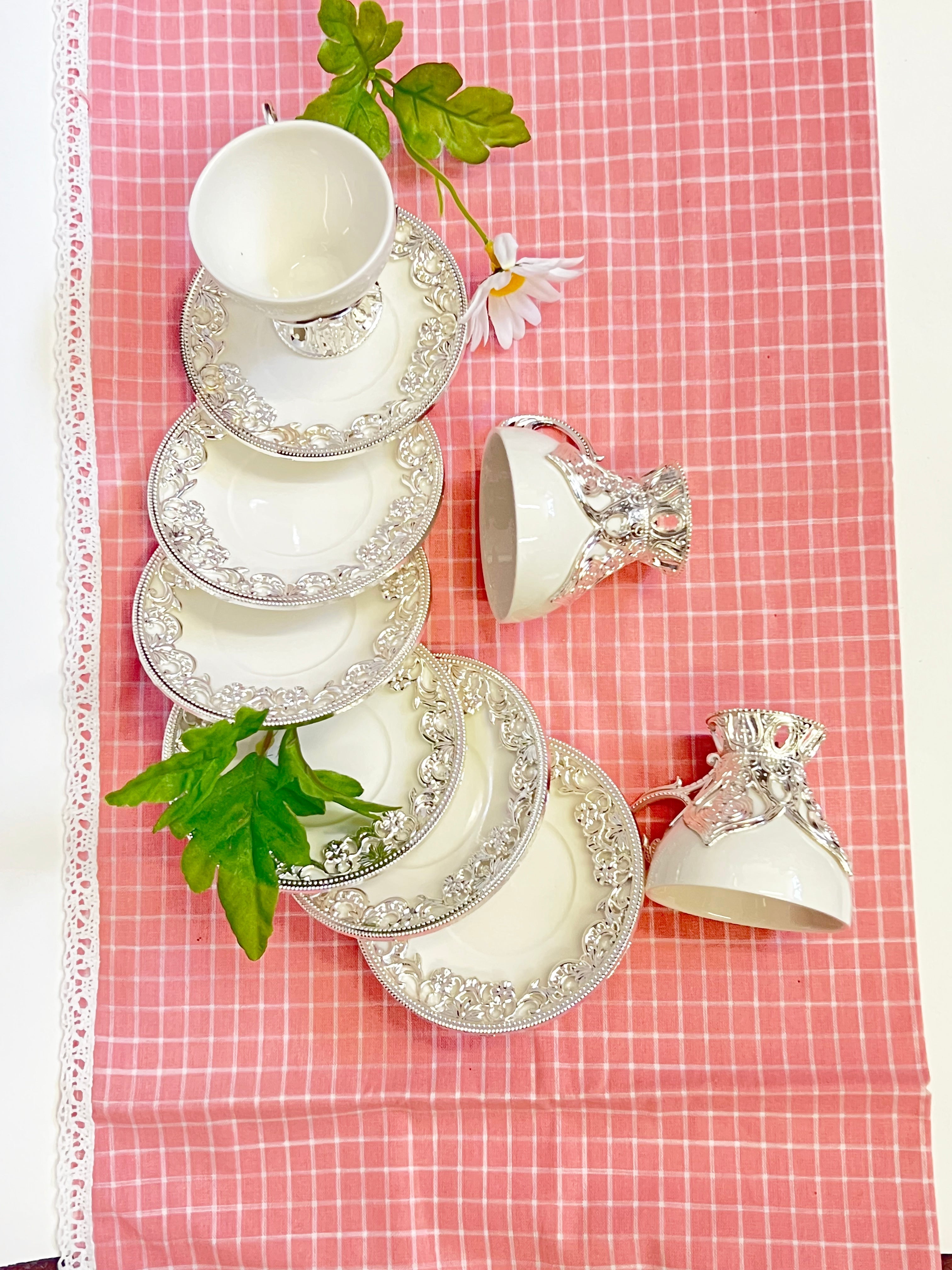 12 PC White & Silver Fancy Coffee Cup Set